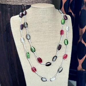Jewel Tone Lampwork Glass Beads Double Strand 24" Long Necklace